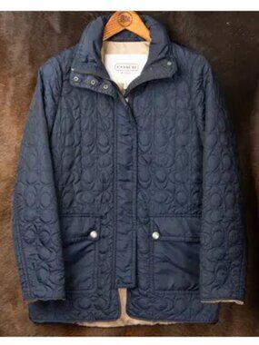 Coach Quilted Lightweight Hooded Coat/Jacket w/Pockets, Navy Blue - Size Large